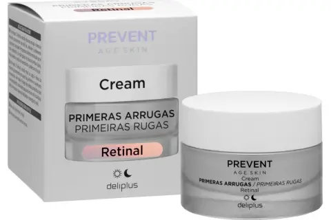Crema antiarrugas Deliplus Prevent Age Skin con Retinal. Un tarro y su caja, listos para combatir las primeras arrugas.