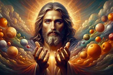 A radiant depiction of Jesus Christ, reminiscent of God the Father art, with outstretched hands amidst a celestial swirl of clouds and orbs.