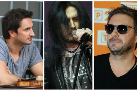 Trzech polscy piosenkarze lat 2000.: muzyk z gitarą, rockman z długimi włosami i wokalista w okularach.