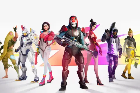 Postacie z gry, w tym zbroja robota i wojowniczka z młotem, gotowe do walki w sezonie 9 Fortnite.