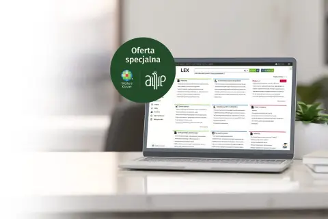 Na ekranie laptopa system LEX, który pomaga sprawdzić czy adwokat ma uprawnienia. Zielona nakładka z logo Wolters Kluwer.