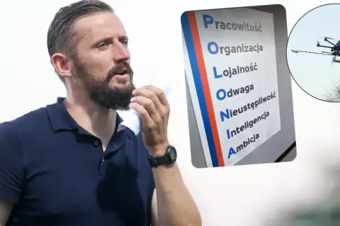 Mężczyzna z zarostem, trzymający białą chusteczkę, obok tablicy z hasłami "POLONIA" i latający dron. Trzeba być odważnym po polsku!