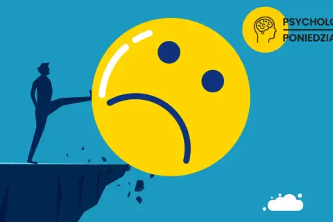 Człowiek kopie smutną buźkę, która spada w przepaść. To metafora tego, co to są dragi – niszczą psychikę.