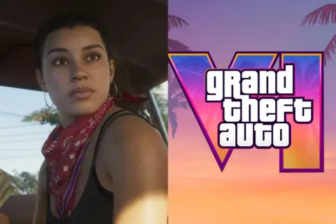 Kobieta w samochodzie i logo Grand Theft Auto VI. Zastanawiasz się, ile waży GTA VI?