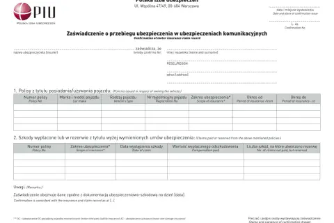 Zaświadczenie o przebiegu ubezpieczenia komunikacyjnego. Dokument zawiera dane polis, szkód i rezerw, niezbędne do oświadczenia elektryka do ubezpieczenia.