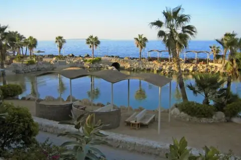 Relaks przy wodzie w Albatros Citadel Sahl Hasheesh. Palmy, kamieniste brzegi i zaciszne miejsca do odpoczynku.
