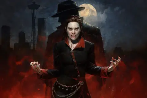Wampirzyca z kłami i krwią na ustach, w tle nocne miasto i cień mężczyzny w kapeluszu. Klimat Vampire the Masquerade.