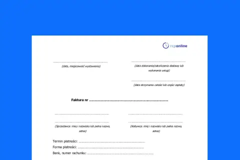 Szablon faktury VAT z polami do wypełnienia: data, sprzedawca, nabywca, termin płatności.