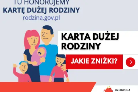 Ilustracja rodziny z dziećmi, promująca Kartę Dużej Rodziny i informująca o zniżkach.