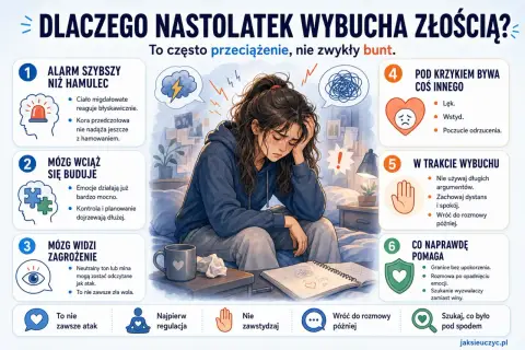 Ilustracja pokazuje nastolatka zmagającego się z emocjami. 10 latek nie radzi sobie z emocjami, co często jest przeciążeniem, a nie buntem.