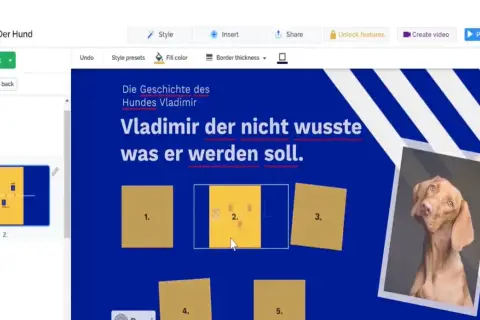 Ein digitales Plakat erstellen: Die Geschichte von Hund Vladimir, der nicht wusste, was er werden soll. Der Entwurf zeigt Text und Bilder.