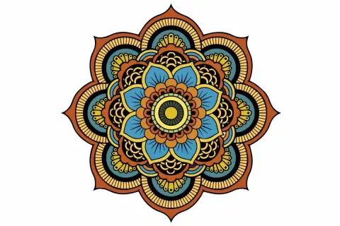 Kolorowa mandala z niebieskimi, pomarańczowymi i żółtymi płatkami, przypominająca kwiat lub słońce.