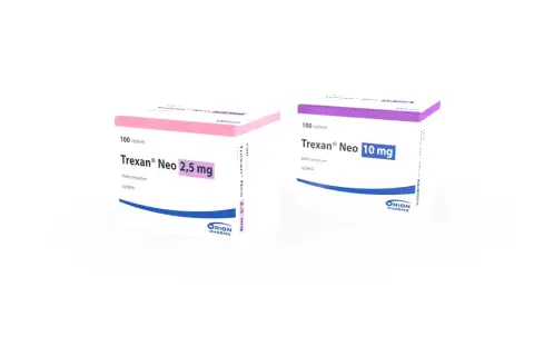 Dwa opakowania leku Trexan® Neo: jedno 2,5 mg (różowe), drugie 10 mg (fioletowe), oba po 100 tabletek.