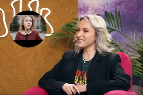 Uśmiechnięta Hania w czarnej marynarce, w okrągłym kadrze widać jej młodsze wcielenie.