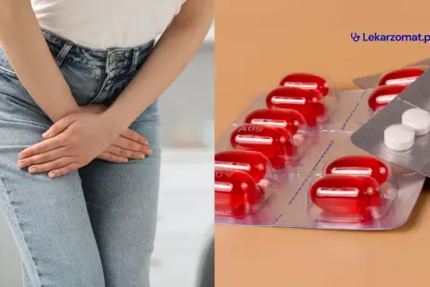 Kobieta z rękami na podbrzuszu i opakowania leków. Szybka ulga w bólu przy zapaleniu pęcherza – silny lek bez recepty.