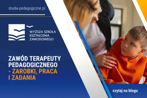 Chłopiec z ołówkiem, wspierany przez kobietę. Informacja o studiach i kwalifikacjach terapeuty pedagogicznego.
