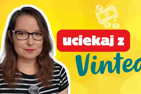 Kobieta w okularach na tle żółtym z napisem "uciekaj z Vinted". Czy to sposób na zarabianie na Vinted?