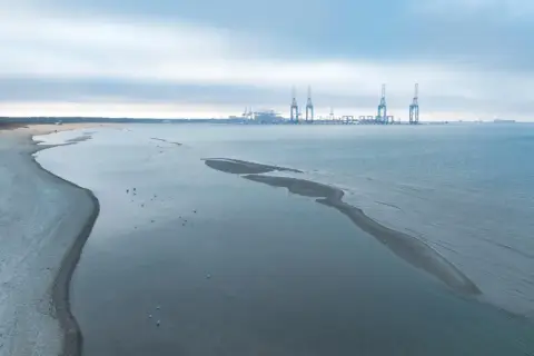 Plaża i morze z widocznym odpływem. W oddali port z dźwigami.