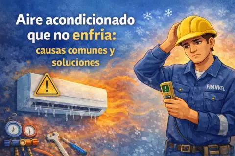 Técnico preocupado con manómetro y aire acondicionado que no enfría. Aprende como saber si le falta gas al aire acondicionado y sus soluciones.