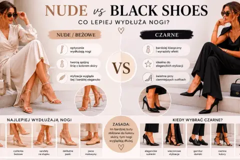 Beżowe buty do czarnej sukienki – porównanie, które optycznie wydłuża nogi. Stylizacje z beżowymi i czarnymi butami.