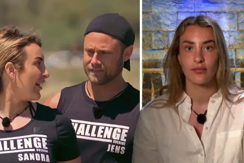 Sandra Cucarano och Jens från The Challenge Sverige. En kvinna i vit skjorta tittar rakt fram.