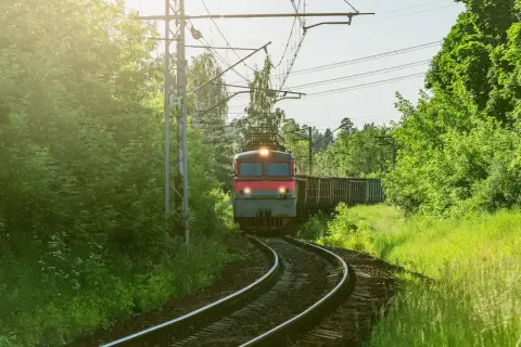 Pociąg towarowy jedzie przez zielony las. Zastanawiasz się, ile zarabia początkujący maszynista?
