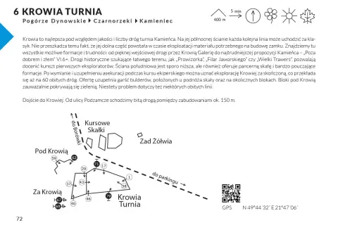 Mapa turystyczna z zaznaczonymi trasami wspinaczkowymi na skale Krowia Turnia w Beskidzie Niskim.