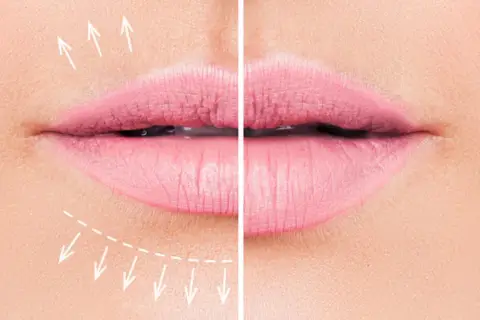 Antes y después de un tratamiento para realzar los labios finos. Flechas indican el aumento de volumen.