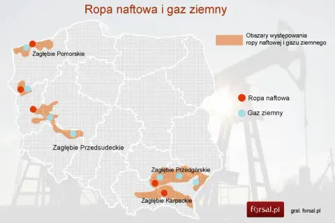Mapa Polski z zaznaczonymi obszarami występowania ropy naftowej i gazu ziemnego. Widać zagłębia: Pomorskie, Przedsudeckie, Przedgórskie i Karpackie.
