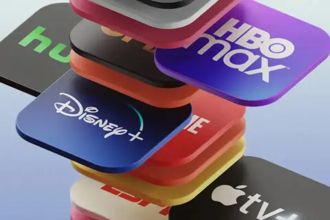 Stos ikon popularnych platform streamingowych: Disney+, HBO Max, Hulu, Apple TV+ i inne.