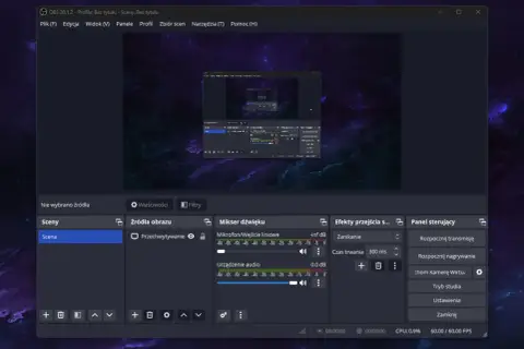 OBS Studio – popularny program do nagrywania ekranu i streamowania. Widok interfejsu z panelami scen, źródeł, miksera dźwięku i sterowania.