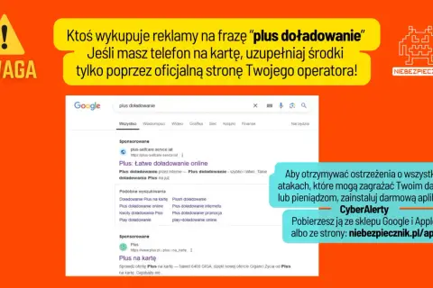 Ostrzeżenie przed oszustwami przy frazie "jak doładować konto Plus". Uzupełniaj środki tylko na oficjalnej stronie operatora.
