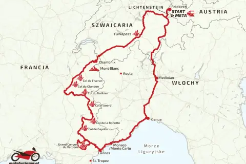 Mapa trasy motocyklowej przez Alpy, obejmująca Francję, Szwajcarię, Włochy i Austrię.