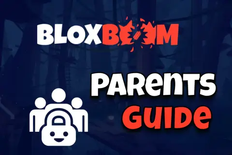 Grafika z logo "Bloxboom", ikoną rodziny z kłódką i napisem "PARENTS GUIDE".