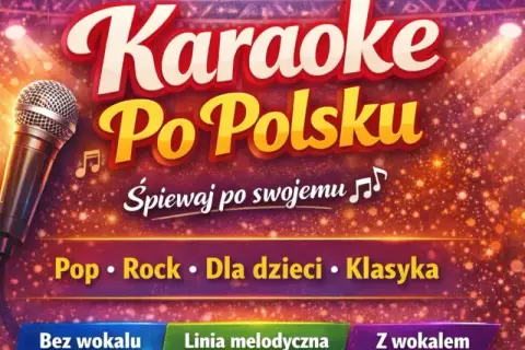 Mikrofon na scenie z reflektorami. Napis "Karaoke Po Polsku" zaprasza do śpiewania. Znajdziesz tu łatwe piosenki na karaoke polskie, od popu po klasykę.