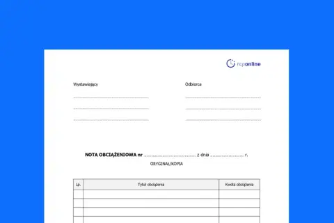 Formularz nota korygująca z polami na dane wystawcy, odbiorcy, numer i datę, a także tabelą na tytuł i kwotę obciążenia.