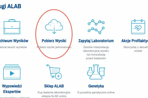Ikona chmury z ikoną pobierania, otoczona czerwoną obwódką, z tekstem "Pobierz Wyniki".