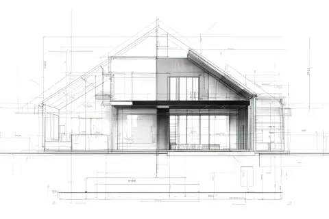 Szkic architektoniczny przedstawiający przekrój domu z widoczną elewacją frontową, wymiarami i detalami konstrukcyjnymi.