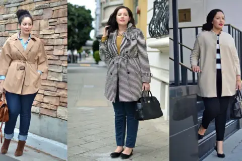 Eleganckie stylizacje dla puszystych: beżowy trencz, płaszcz w paski i kremowy płaszczyk. Wyszczuplające triki dla puszystych.
