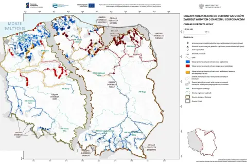 Mapa przedstawia obszary wodne w Polsce, które są rezerwatami przyrody dla gatunków zwierząt wodnych.