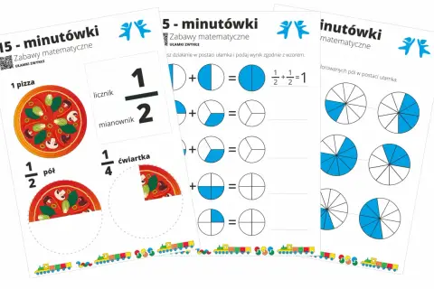Zabawy matematyczne pokazują rodzaje ułamków na przykładzie pizzy i kół podzielonych na części.