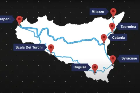 Carte de la Sicile montrant un itinéraire pour un road trip italie 2 semaines, de Trapani à Syracuse en passant par Scala dei Turchi, Ragusa, Catane, Taormina et Milazzo.