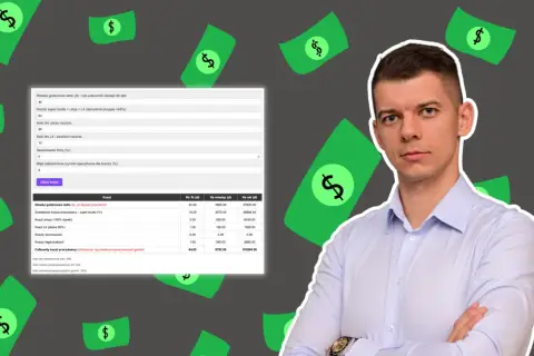 Mężczyzna z kalkulatorem kosztów pracy. Dowiedz się, jak wycenić swoją pracę, analizując koszty brutto, urlopu i L4.