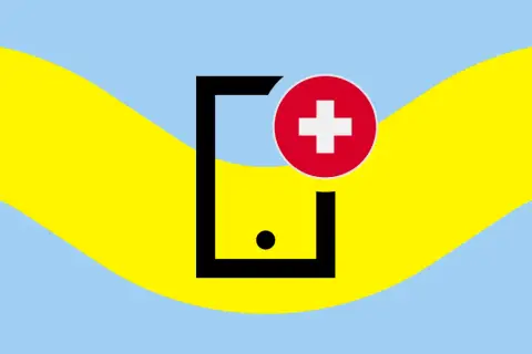 Symbol telefonu z czerwonym kółkiem i białym krzyżem, na tle falujących pasów żółtego i błękitnego. Idealny do opisu roamingu w UE.