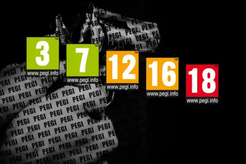 Pięć znaczków PEGI: 3, 7, 12, 16 i 18. Ostatni, czerwony znaczek z cyfrą 18, oznacza gry 18+.