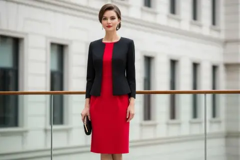 Elegancka kobieta w czerwonej sukience i czarnej marynarce. Idealny przykład, jaki garnitur do czerwonej sukienki na specjalne okazje.