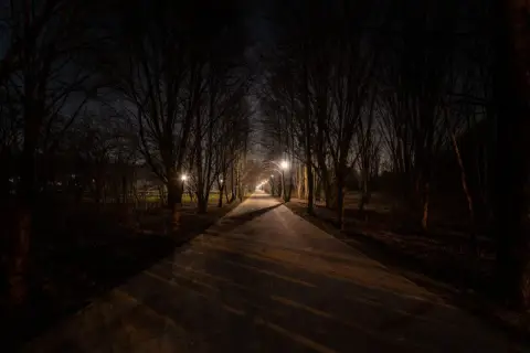 Aleja drzew nocą, oświetlona latarniami. Cienie padają na ścieżkę, tworząc wrażenie kurzej ślepoty.