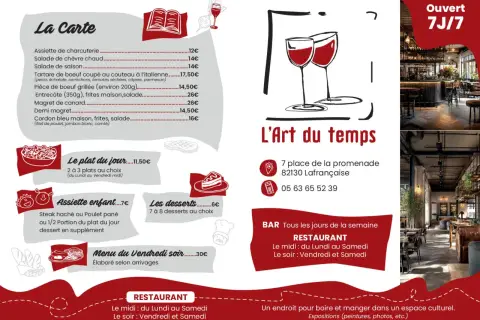 Voici comment présenter un menu : une carte avec des plats comme le magret de canard, le tartare de bœuf, et des formules comme le plat du jour ou le menu du vendredi soir.