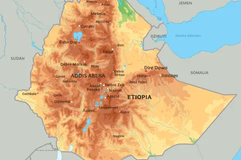 Mapa polityczna Etiopii z zaznaczonymi miastami i sąsiadującymi krajami, pokazująca gdzie leży Etiopia.
