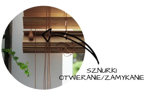 Szczegół bambusowych żaluzji, pokazujący sznurki do otwierania/zamykania. Strzałka wskazuje mechanizm.